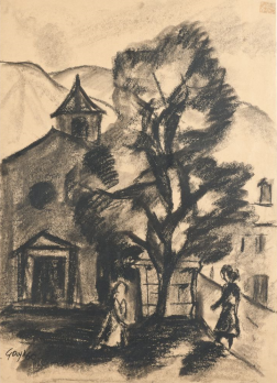 Luigi GAY (1904-1980) - Paysage avec maisons et personnages, 1960, fusain sur papier 2