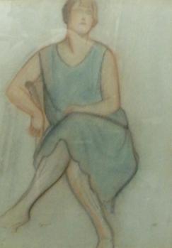GEIN - Portrait de femme assise à la robe bleue, Fusain et pastel 2