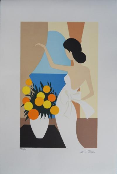 Marie Teresa TORRES  - Femme de dos et bouquet orange -  Lithographie originale signée au crayon 2