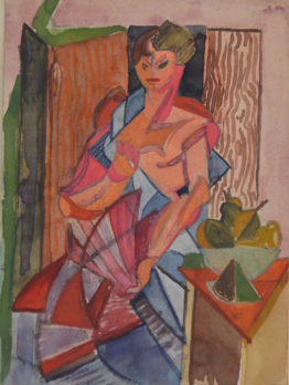 École russe cubiste des années 1920 - «Femme à l’éventail», Aquarelle 2