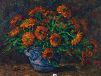 Julien DURIEZ (1900-1993) - Bouquet de soucis dans un pot en grès, Huile sur toile 2