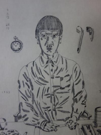 Tsuguharu Léonard FOUJITA : Autoportrait à la table de travail, Gravure originale signée 2
