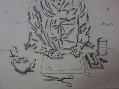 Tsuguharu Léonard FOUJITA - Self-portrait at work table, original signed engraving 2