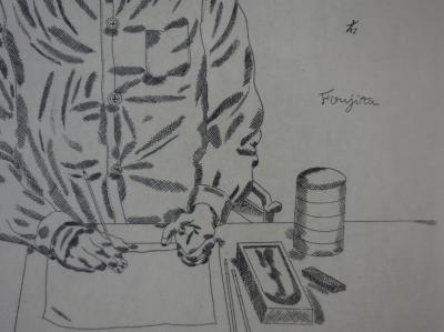 Tsuguharu Léonard FOUJITA - Self-portrait at work table, original signed engraving 2