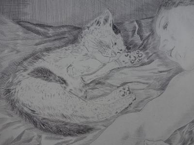 Tsuguharu Léonard FOUJITA : Femme au chat, Gravure originale signée 2