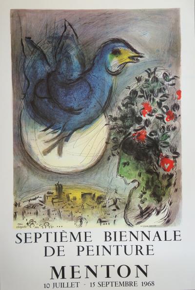 Marc CHAGALL - Colombe bleue, Affiche d’époque 1968 (Biennale de Menton) 2