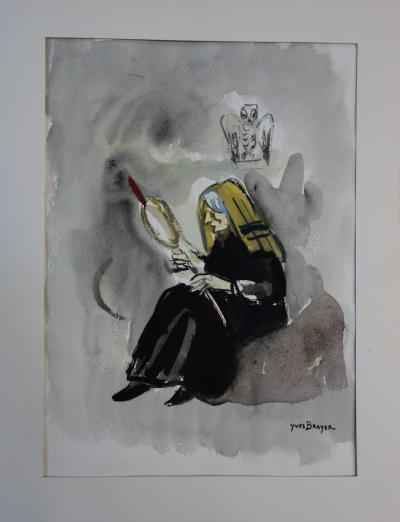 Yves BRAYER : Vieille femme à l’écheveau, Aquarelle signée 2