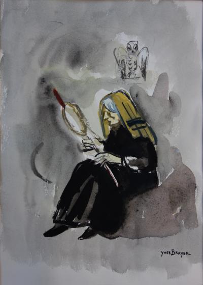 Yves BRAYER : Vieille femme à l’écheveau, Aquarelle signée 2