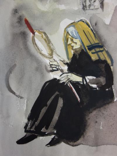 Yves BRAYER : Vieille femme à l’écheveau, Aquarelle signée 2