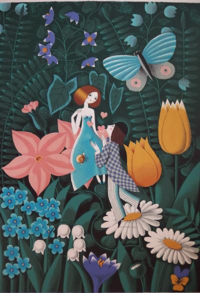 Raymond Peynet:  Les Amoureux  au papillon, Lithographie originale, signée 2
