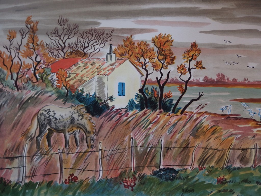 Yves Brayer Paysage de Camargue, Lithographie originale, Signée Art