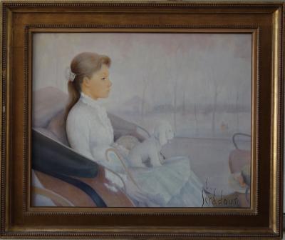 Guy SERADOUR - Jeune-fille avec son petit chien, Huile sur toile Signée 2