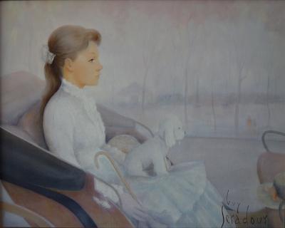 Guy SERADOUR - Jeune-fille avec son petit chien, Huile sur toile Signée 2