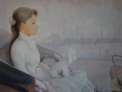 Guy SERADOUR - Jeune-fille avec son petit chien, Huile sur toile Signée 2