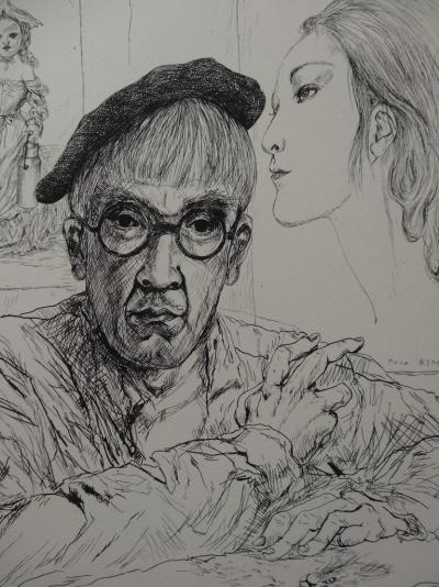 Tsuguharu FOUJITA - Autoportrait au béret avec sa femme Kimiyo, 1951 - Gravure originale 2