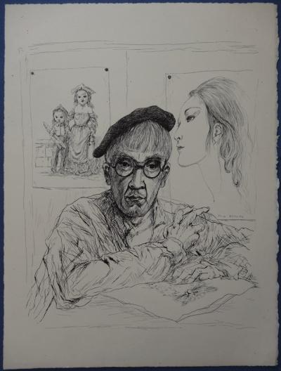 Tsuguharu FOUJITA - Autoportrait au béret avec sa femme Kimiyo, 1951 - Gravure originale 2