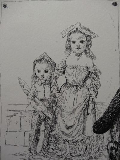 Tsuguharu FOUJITA - Autoportrait au béret avec sa femme Kimiyo, 1951 - Gravure originale 2