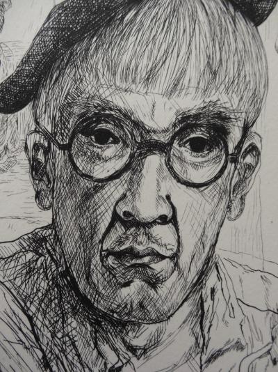 Tsuguharu FOUJITA - Autoportrait au béret avec sa femme Kimiyo, 1951 - Gravure originale 2