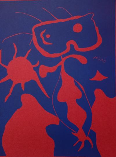 Joan MIRO : Homme au soleil rouge, 1959 - Linogravure originale signée 2