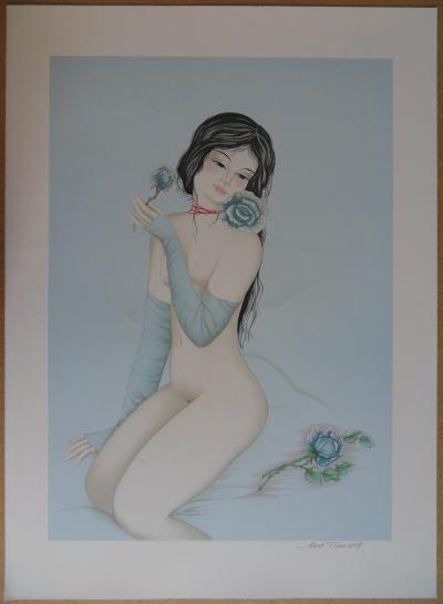 Mara TRAN-LONG - Young girl with a rose, Original Lithograph signed 2
