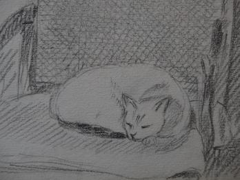 Gilbert POILLERAT - Chat endormi, Dessin original signé 2