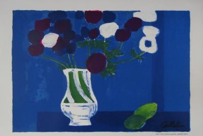 Bernard CATHELIN - Citrons et anémones au fond bleu, Lithographie signée 2