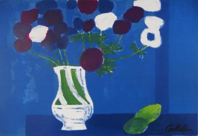 Bernard CATHELIN - Citrons et anémones au fond bleu, Lithographie signée 2