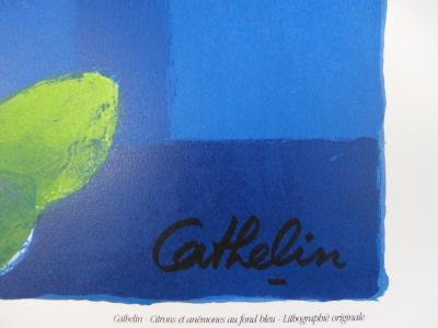 Bernard CATHELIN - Citrons et anémones au fond bleu, Lithographie signée 2