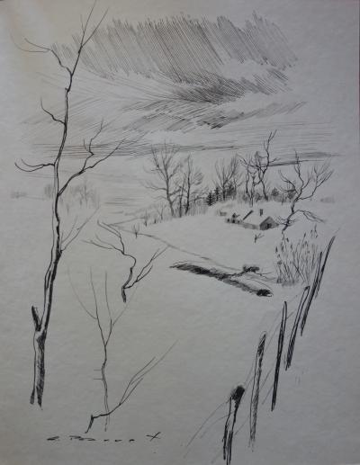 Gaston BARRET - Paysage d’hiver, Dessin original et gravure signée 2