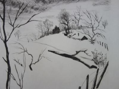 Gaston BARRET - Paysage d’hiver, Dessin original et gravure signée 2