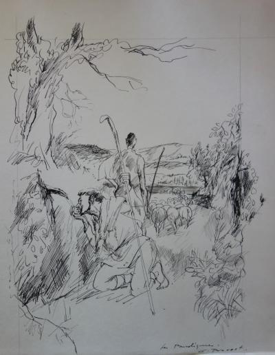 Gaston BARRET - Les bergers, Dessin original signé 2