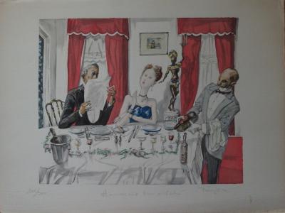 Tsuguharu FOUJITA - Diner mondain, 1952, Gravure réhaussée 2
