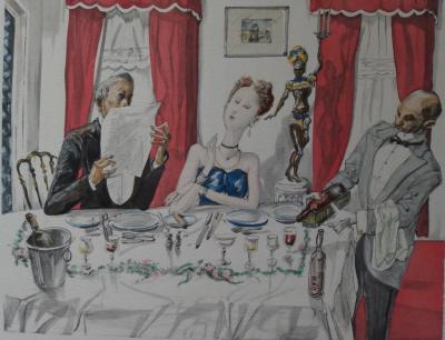 Tsuguharu FOUJITA - Diner mondain, 1952, Gravure réhaussée 2