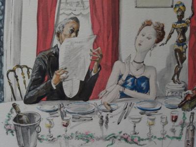 Tsuguharu FOUJITA - Diner mondain, 1952, Gravure réhaussée 2