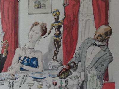 Tsuguharu FOUJITA - Diner mondain, 1952, Gravure réhaussée 2