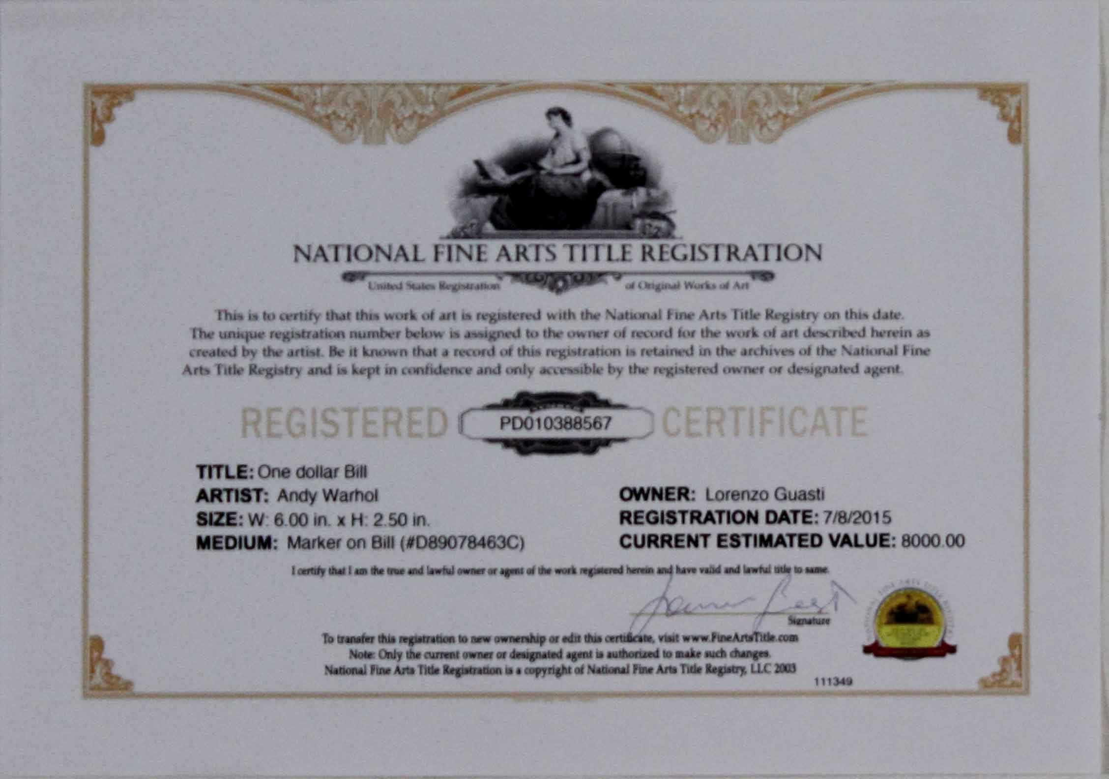 Andy WARHOL, Signature au marqueur noir sur billet de 1 Art