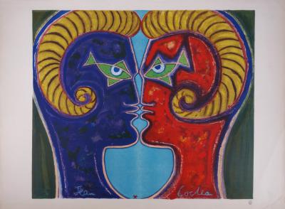 Jean COCTEAU : Deux béliers - Lithographie en couleur signée 2