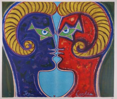 Jean COCTEAU : Deux béliers - Lithographie en couleur signée 2