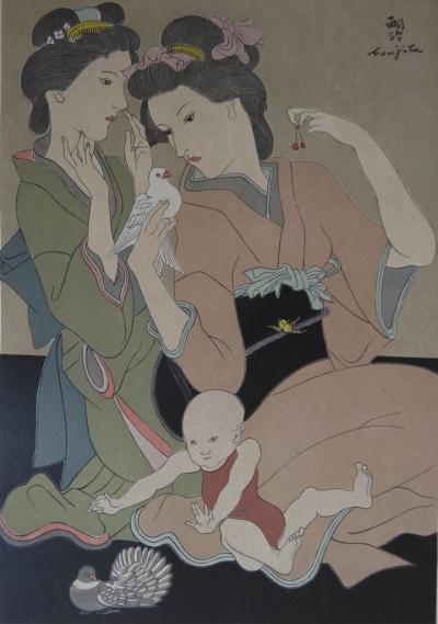 Tsuguharu FOUJITA - Geishas avec une colombe, bois gravé signé 2