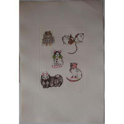 Léonor FINI - Chats costumés, 1985, Gravure originale signée 2