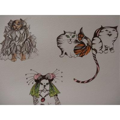 Léonor FINI - Chats costumés, 1985, Gravure originale signée 2