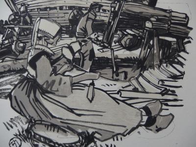 Mathurin MEHEUT - Les bateaux en construction en Armor - Bois gravé original 2