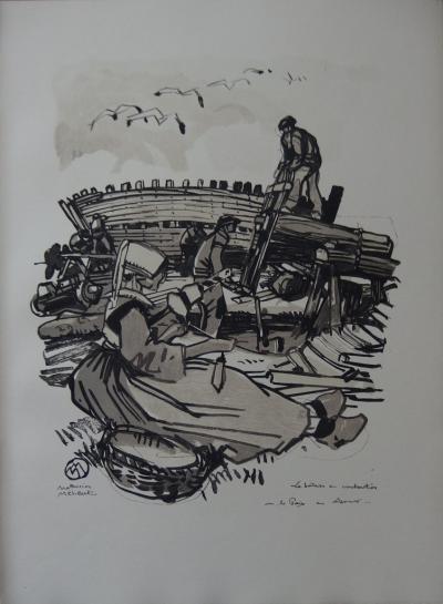 Mathurin MEHEUT - Les bateaux en construction en Armor - Bois gravé original 2
