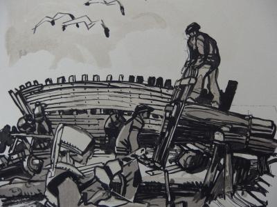 Mathurin MEHEUT - Les bateaux en construction en Armor - Bois gravé original 2