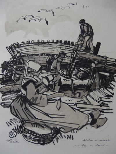 Mathurin MEHEUT - Les bateaux en construction en Armor - Bois gravé original 2