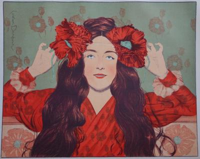 Gaston DARBOUR - Jeune fille aux coquelicots , Lithographie originale  signée 2