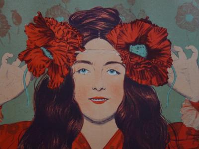 Gaston DARBOUR - Jeune fille aux coquelicots , Lithographie originale  signée 2