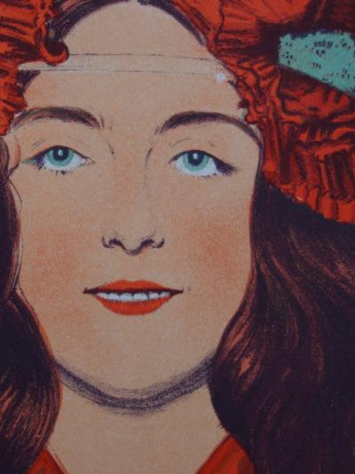 Gaston DARBOUR - Jeune fille aux coquelicots , Lithographie originale  signée 2