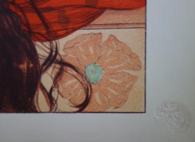 Gaston DARBOUR - Jeune elle aux coquelicots , Lithographie originale  signée 2