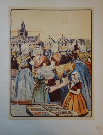 Fernand PIET - Un marché en Zélande, 1897 - Lithographie originale  signée 2